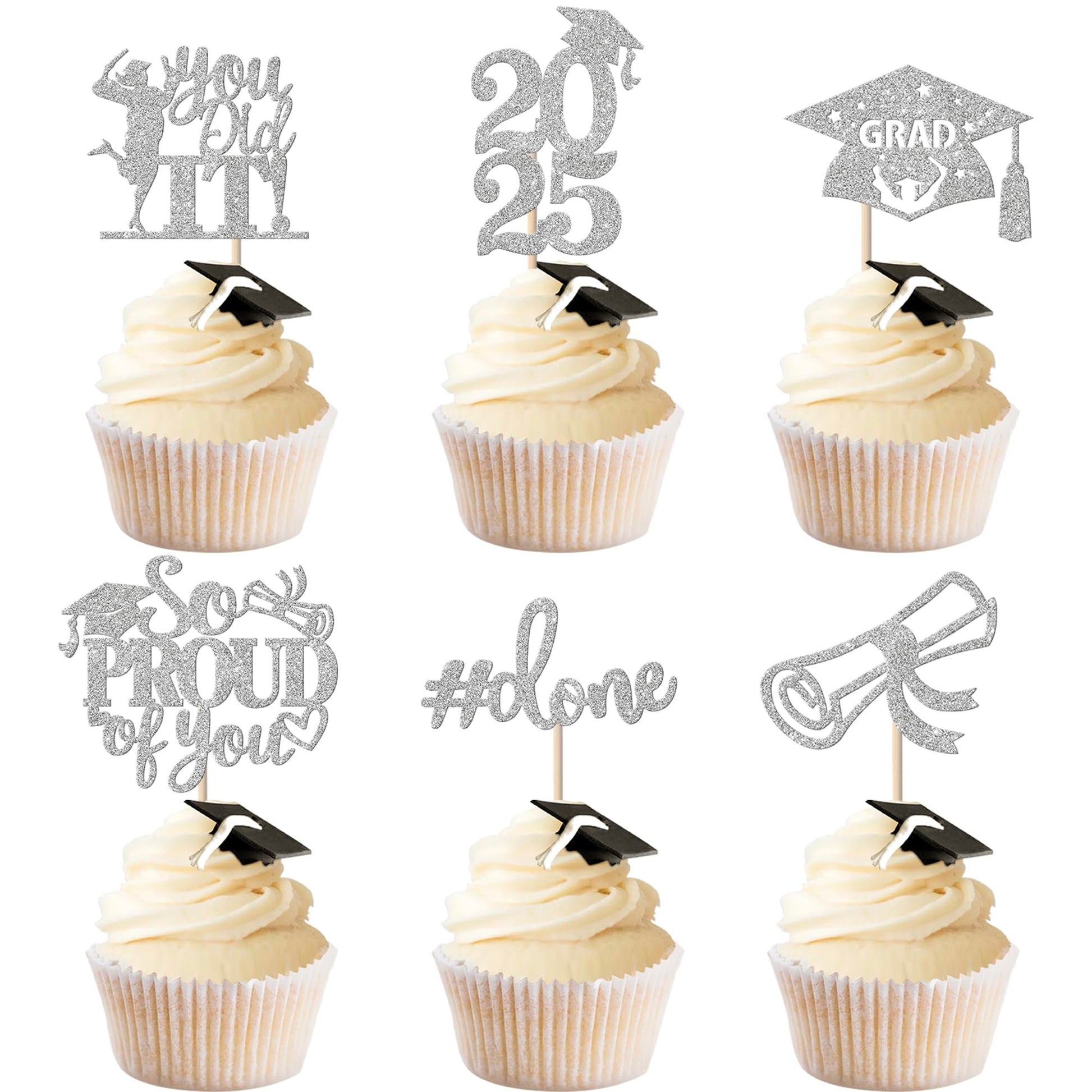 YCTHUNFISH Graduation Cupcake Toppers 24 Pack Glitter Grad Cap Picks Small Silver