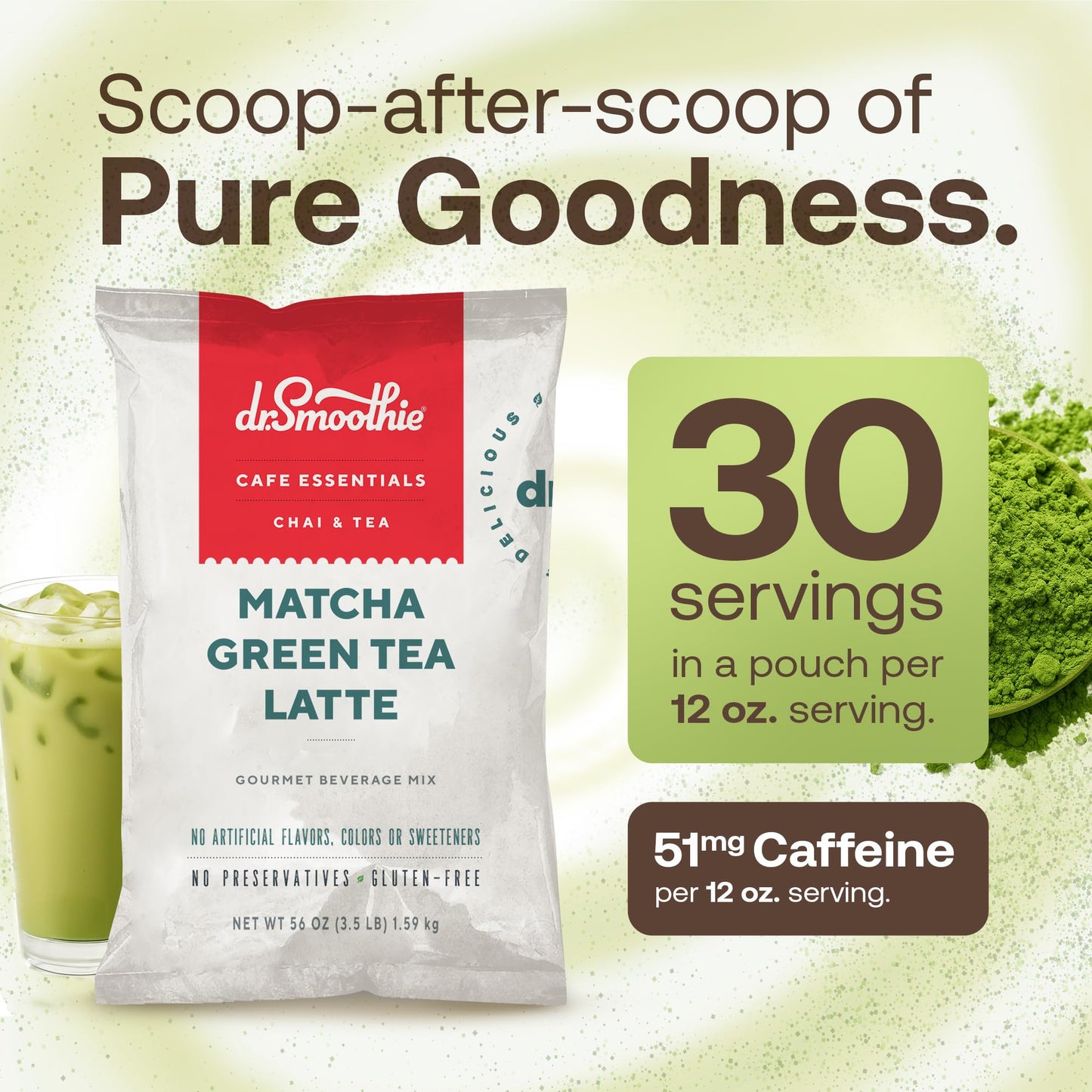 Dr. Smoothie Matcha Green Tea Latte, No Artificial Additives, 51mg Caffeine, 56 Ounce, 30 Servings
