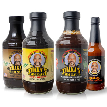 Chakas MMM Sauce Sampler Pack - 4 Sauces: Original Marinade, Zesty Marinade, BBQ, Mystery Hot Sauce - Pack of 4