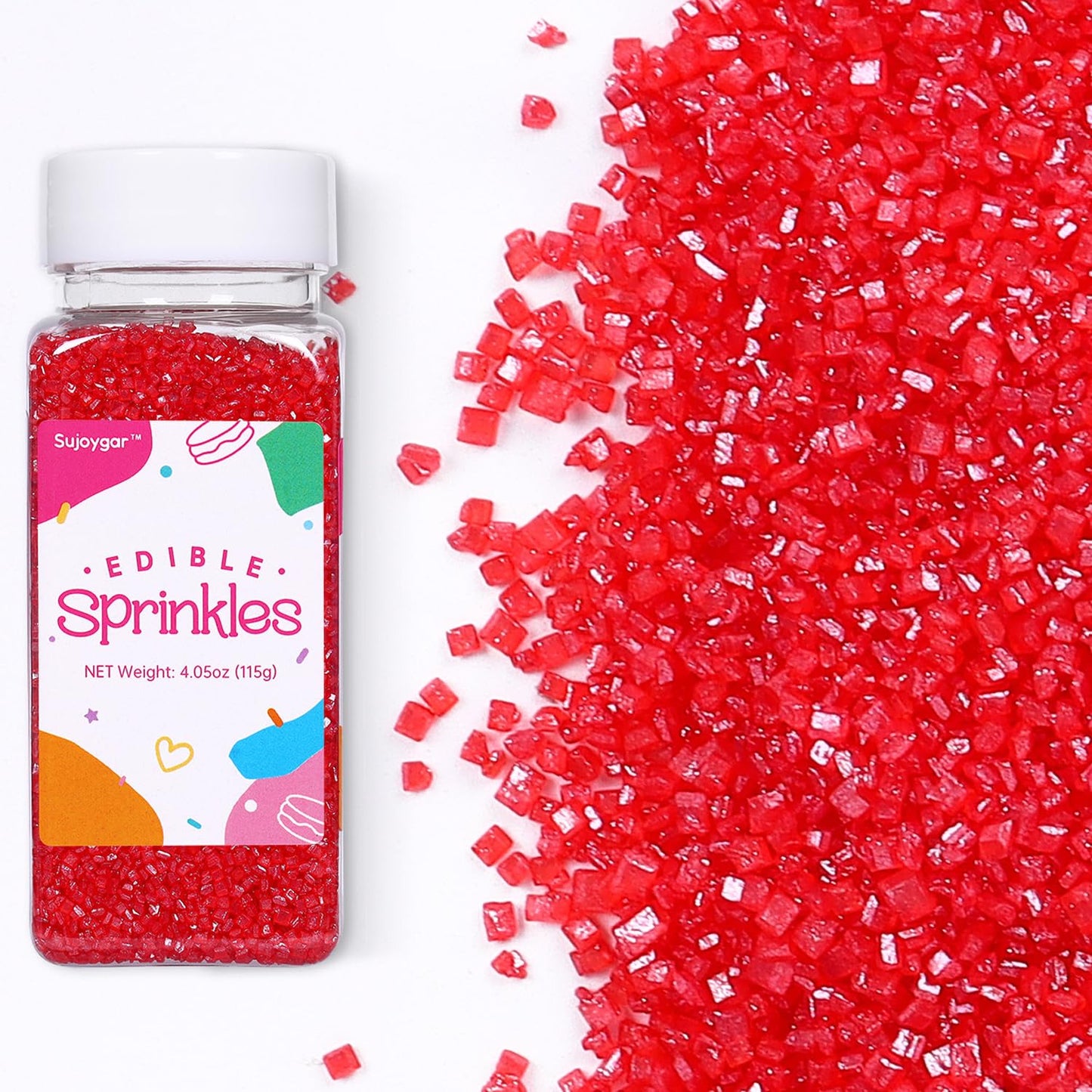 Red Sanding Sugar Sprinkles for Cake Decorating, 4.02oz Red Edible Glitter Sprinkles for Cupcake Toppers Baking Drinks Cookie Ic