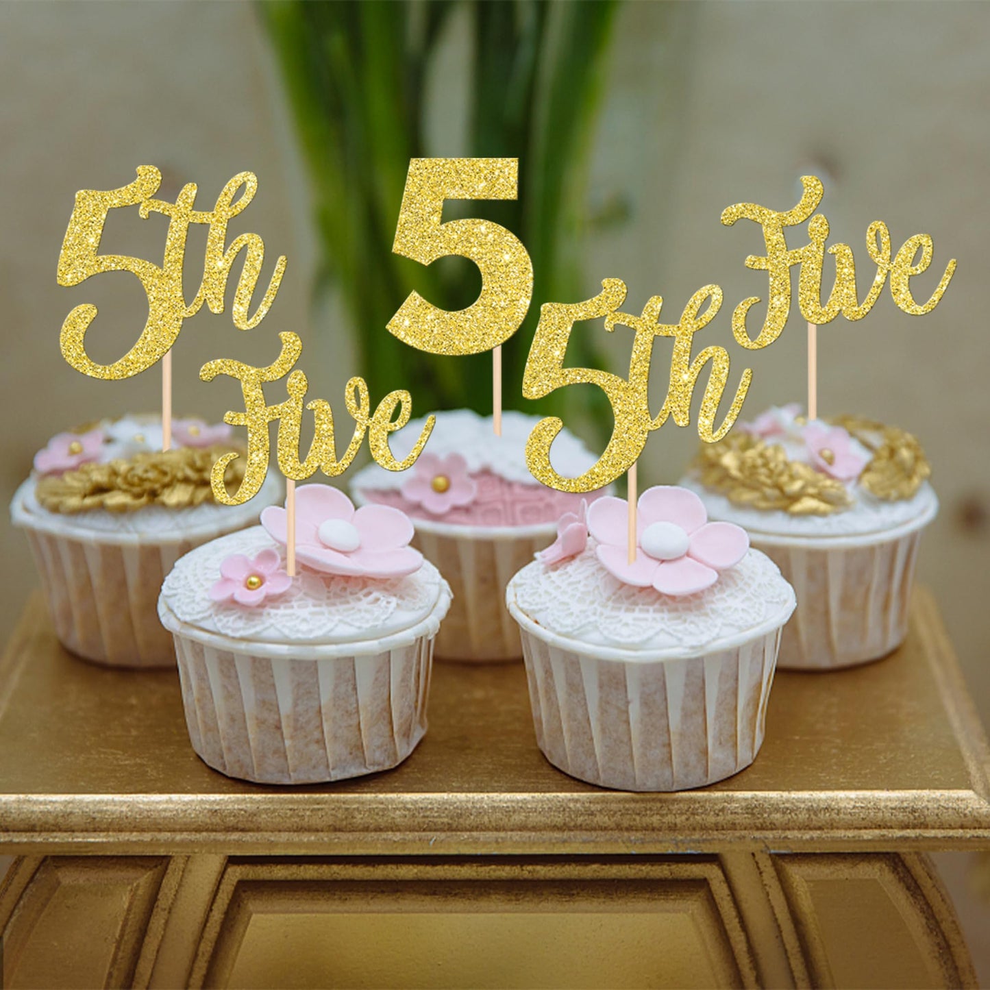 24 Pcs 5Th Birthday Cupcake Toppers Glitter Five Cupcake Picks Number 5 Birthday Cupcake Decorations For Baby Shower Kids 5Th Bi