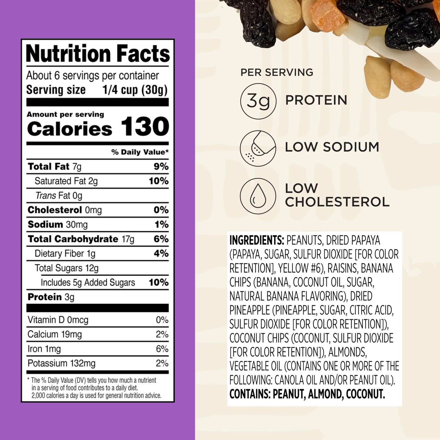 Snak Club Tropical Trail Mix with Peanuts, Dried Papaya, Raisins, Banana Chips, Dried Pineapple, Coconut Chips, and Almonds, Glu