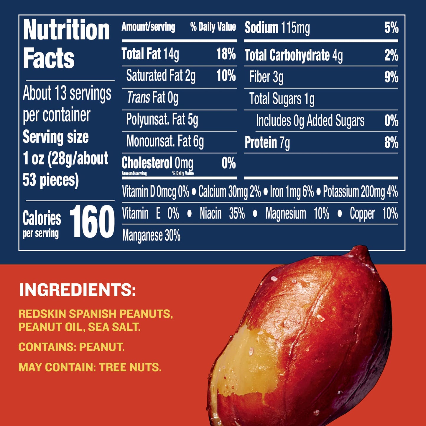 PLANTERS Roasted Salted Redskin Spanish Peanuts, Plant-Based Protein, 12.5oz Canister