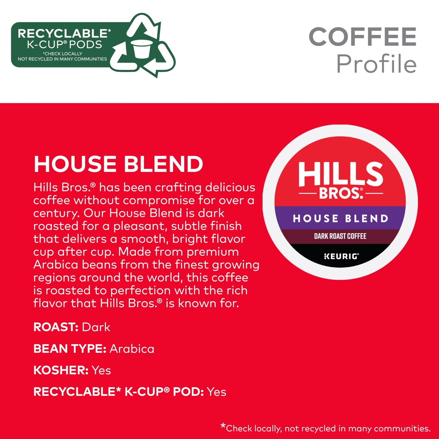 Hills Bros. House Blend Coffee, Single Serve Keurig K-Cup Pods, Dark Roast Coffee, 12-Count Box