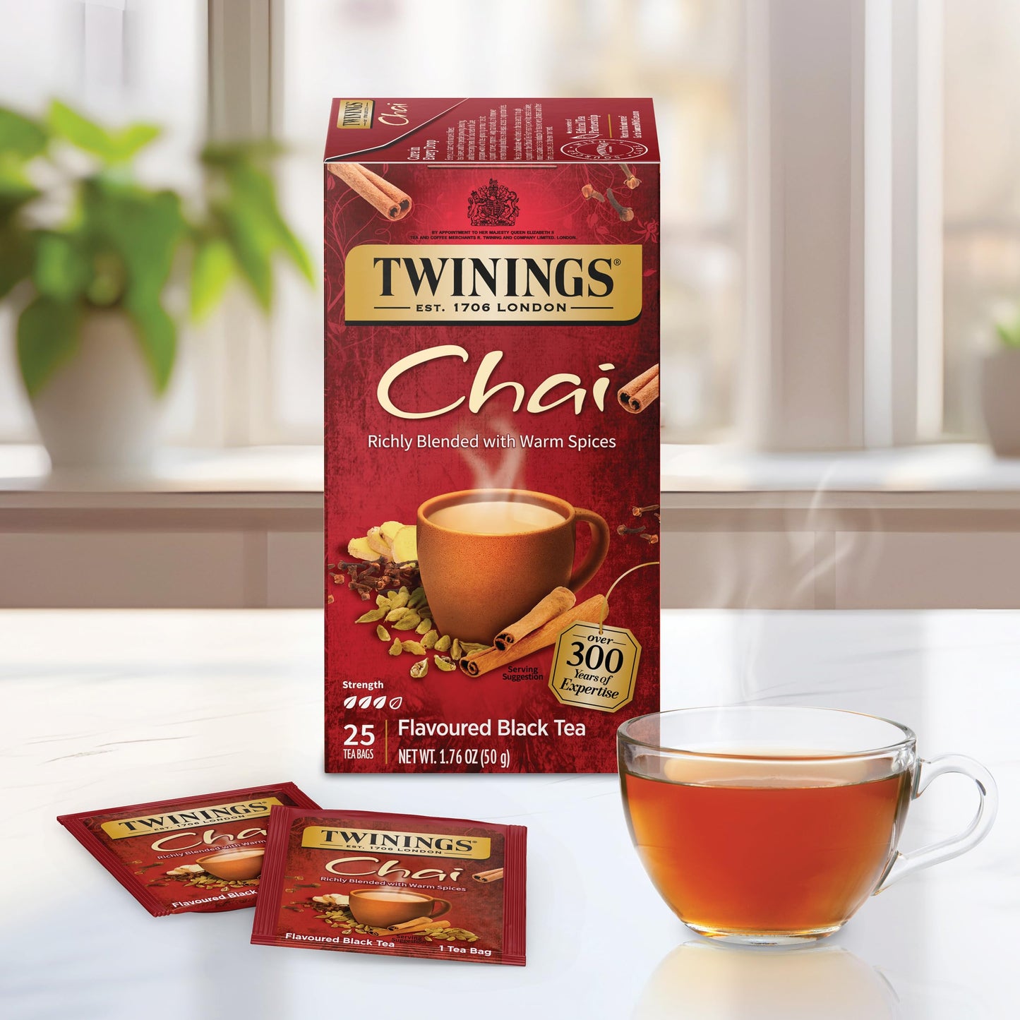 Twinings Chai Individually Wrapped Black Tea Bags, 25 Count (Pack Of 6), Sweet, Savoury Spices, Caffeinated, Enjoy Hot Or Iced
