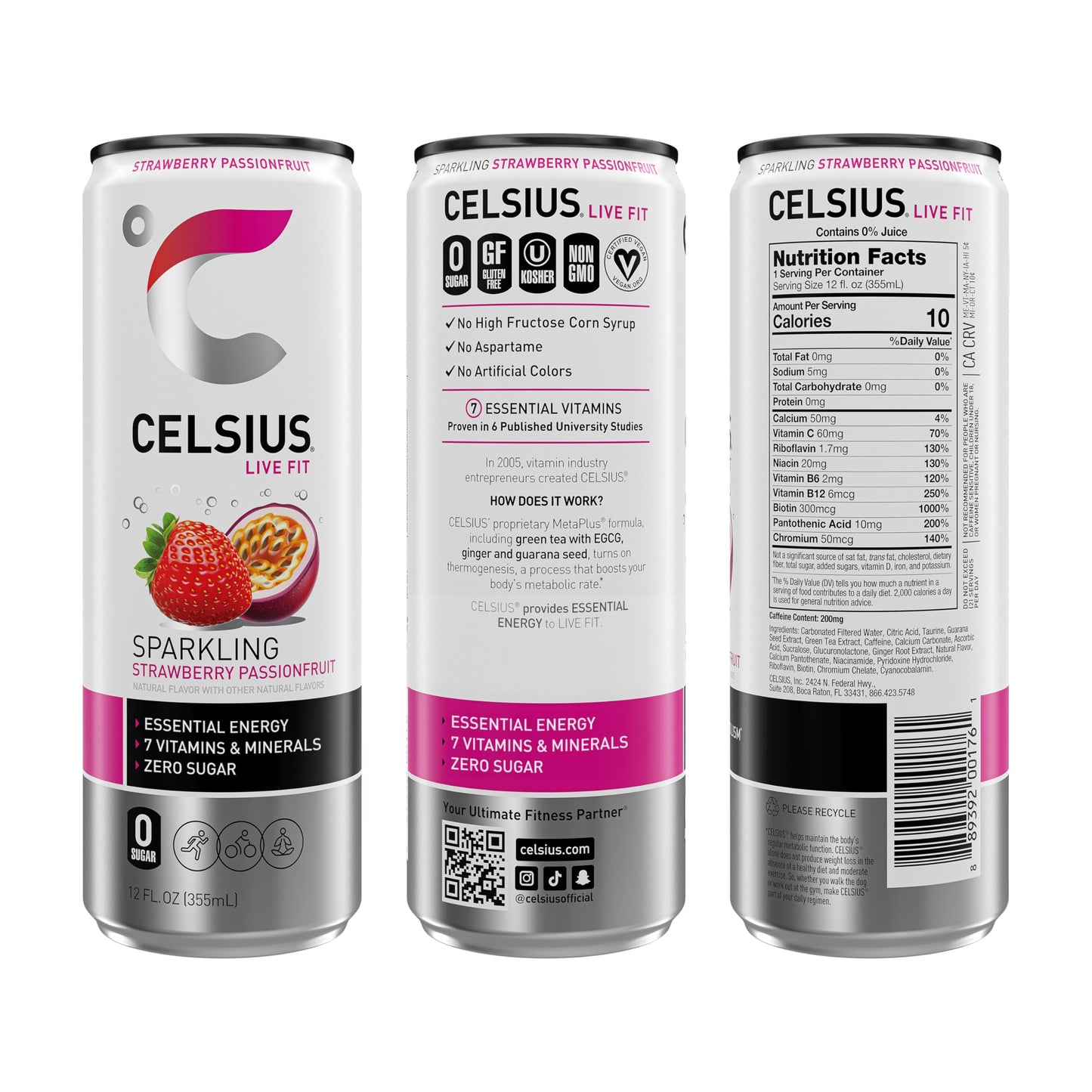 Celsius Sparkling Strawberry Passionfruit, Sugar Free Energy Drink, 12 Fl Oz (Pack Of 12)
