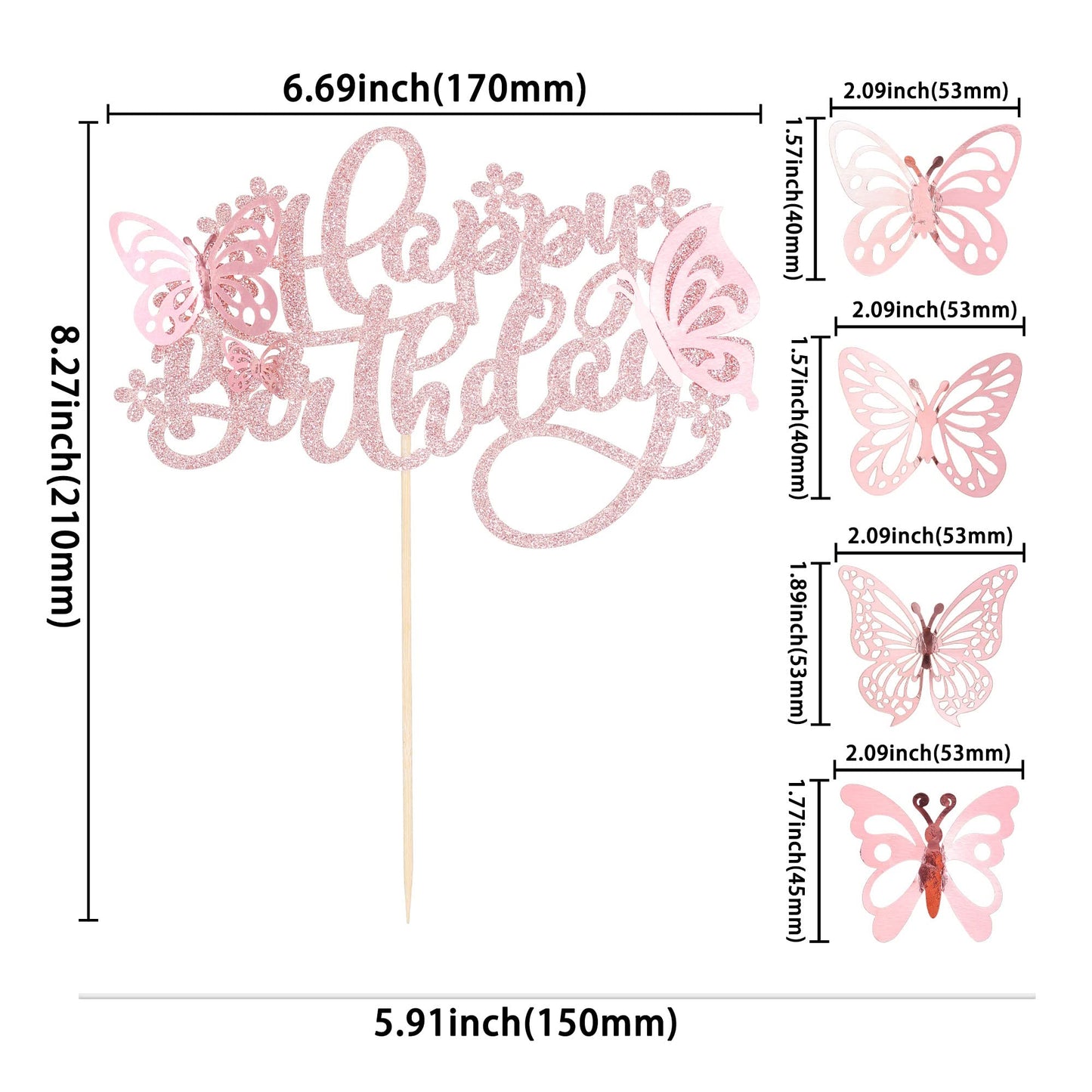 Ephlyn 25Pcs Butterfly Cake Toppers - 3D Paper Decorations for Birthday & Baby Shower - Rose Gold, Model EPH-2022-116-19