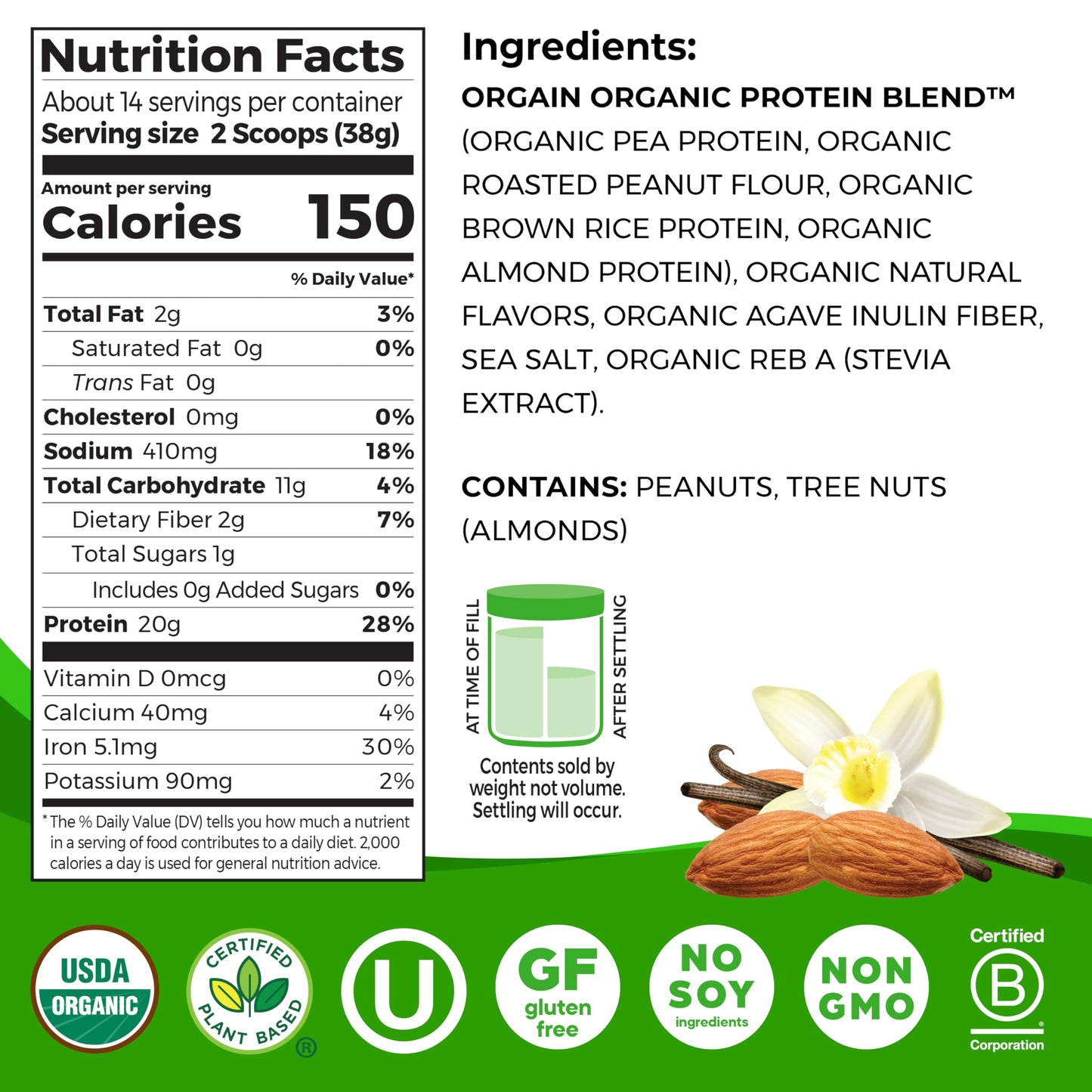 Orgain X Justins  Organic Vegan Nut Butter Protein Powder, Vanilla Almond Butter- 20g Plant Protein, 1g Sugar, Gluten Free, No