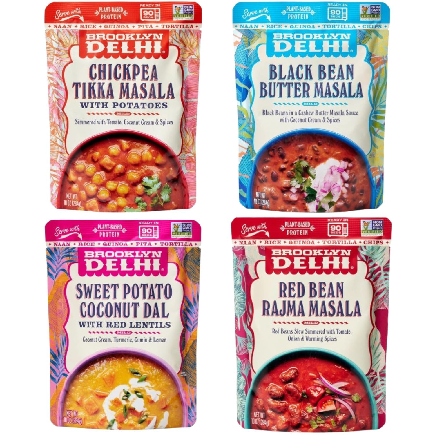 Brooklyn Delhi Variety Pack Pouches - Chickpea Tikka Masala, Black Bean Butter Masala, Sweet Potato Coconut Dal, and Red Bean Ra