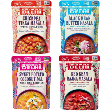 Brooklyn Delhi Variety Pack Pouches - Chickpea Tikka Masala, Black Bean Butter Masala, Sweet Potato Coconut Dal, and Red Bean Ra