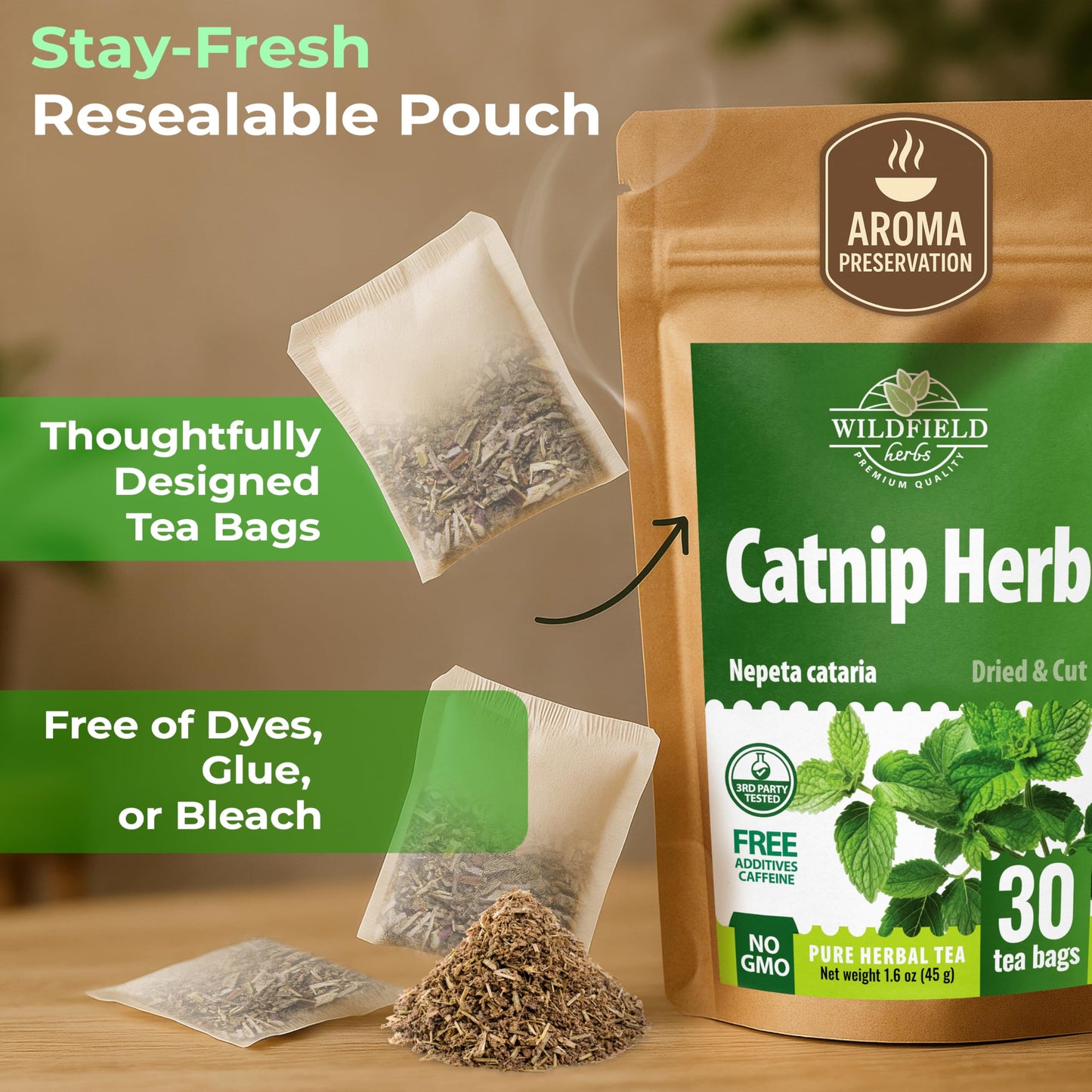 WILDFIELD HERBS Catnip Tea Bags - 30 Count, 1.5g Each, Herbal Cat Nip Tea