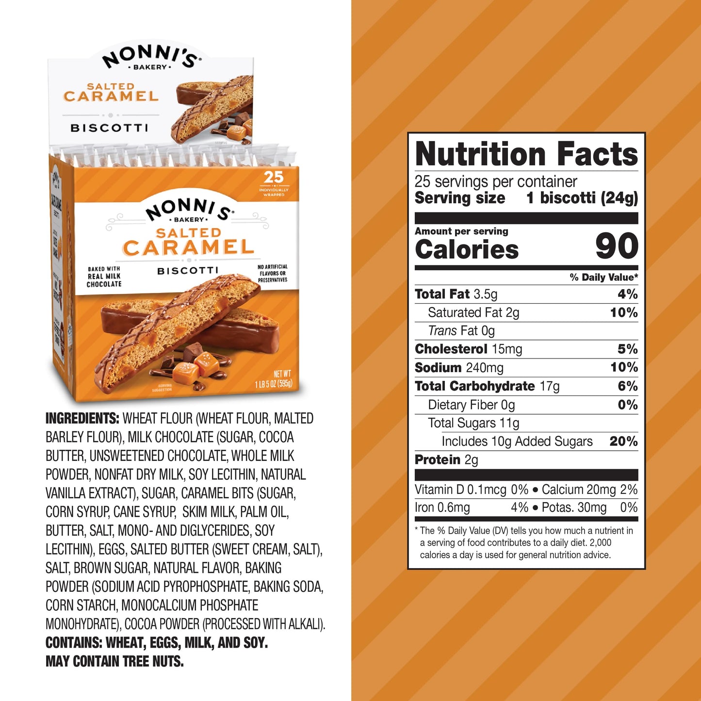 Nonnis Salted Caramel Milk Chocolate Biscotti Cookies - Individually Wrapped Italian Coffee Snack, Crunchy Twice-Baked, 90 Cal