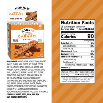Nonnis Salted Caramel Milk Chocolate Biscotti Cookies - Individually Wrapped Italian Coffee Snack, Crunchy Twice-Baked, 90 Cal