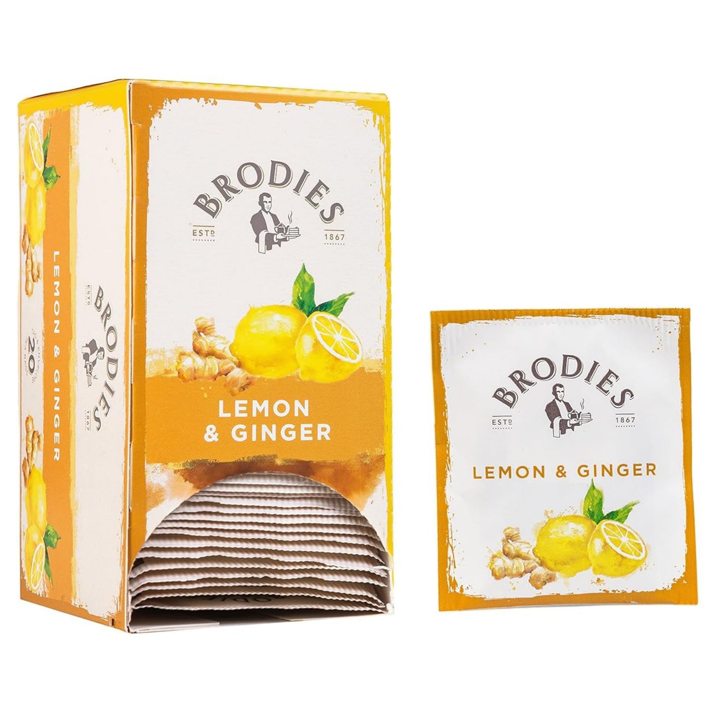 Brodies Lemon & Ginger Caffeine Free Tea, 20 Tag & Envelope Bags, Imported from Scotland