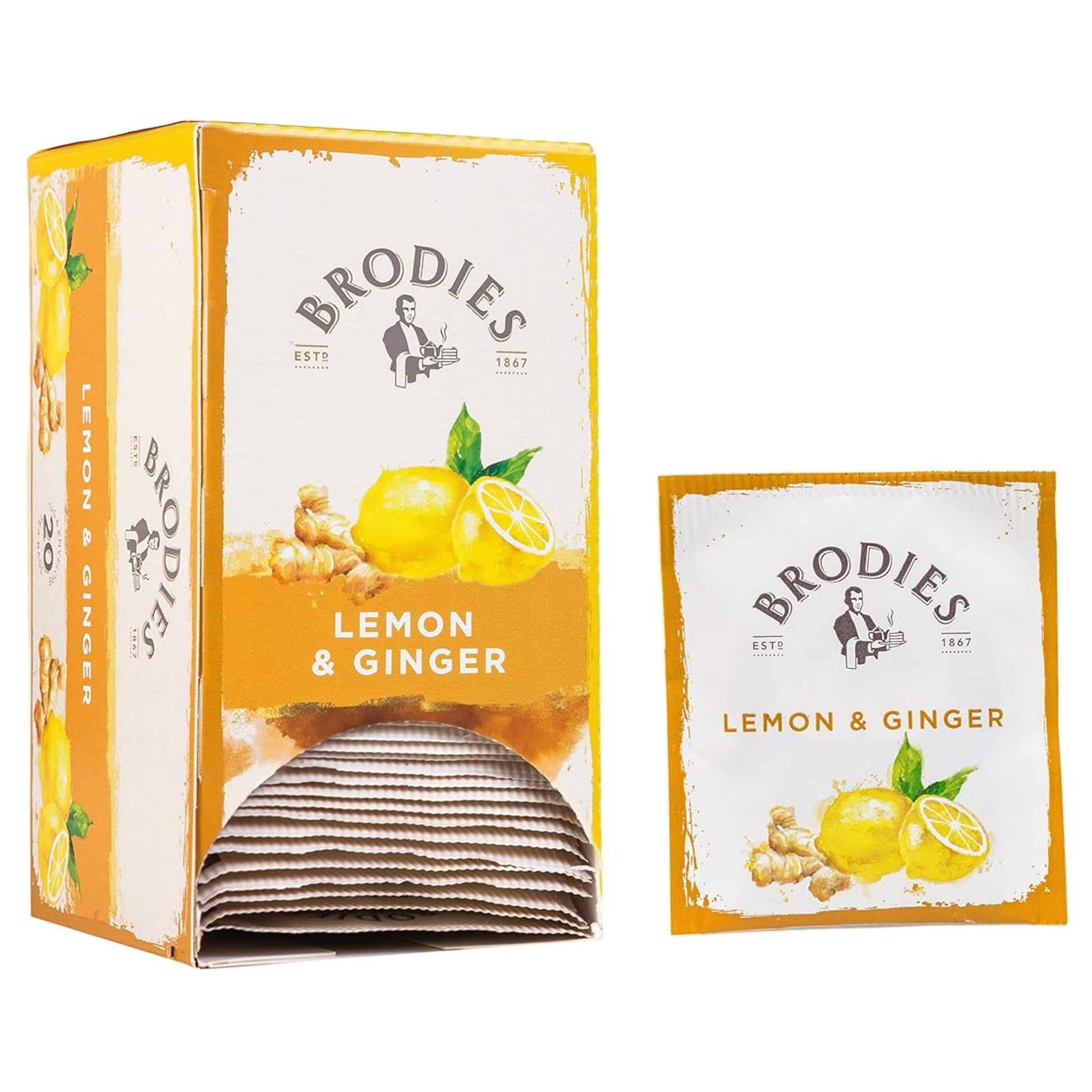 Brodies Lemon & Ginger Caffeine Free Tea, 20 Tag & Envelope Bags, Imported from Scotland