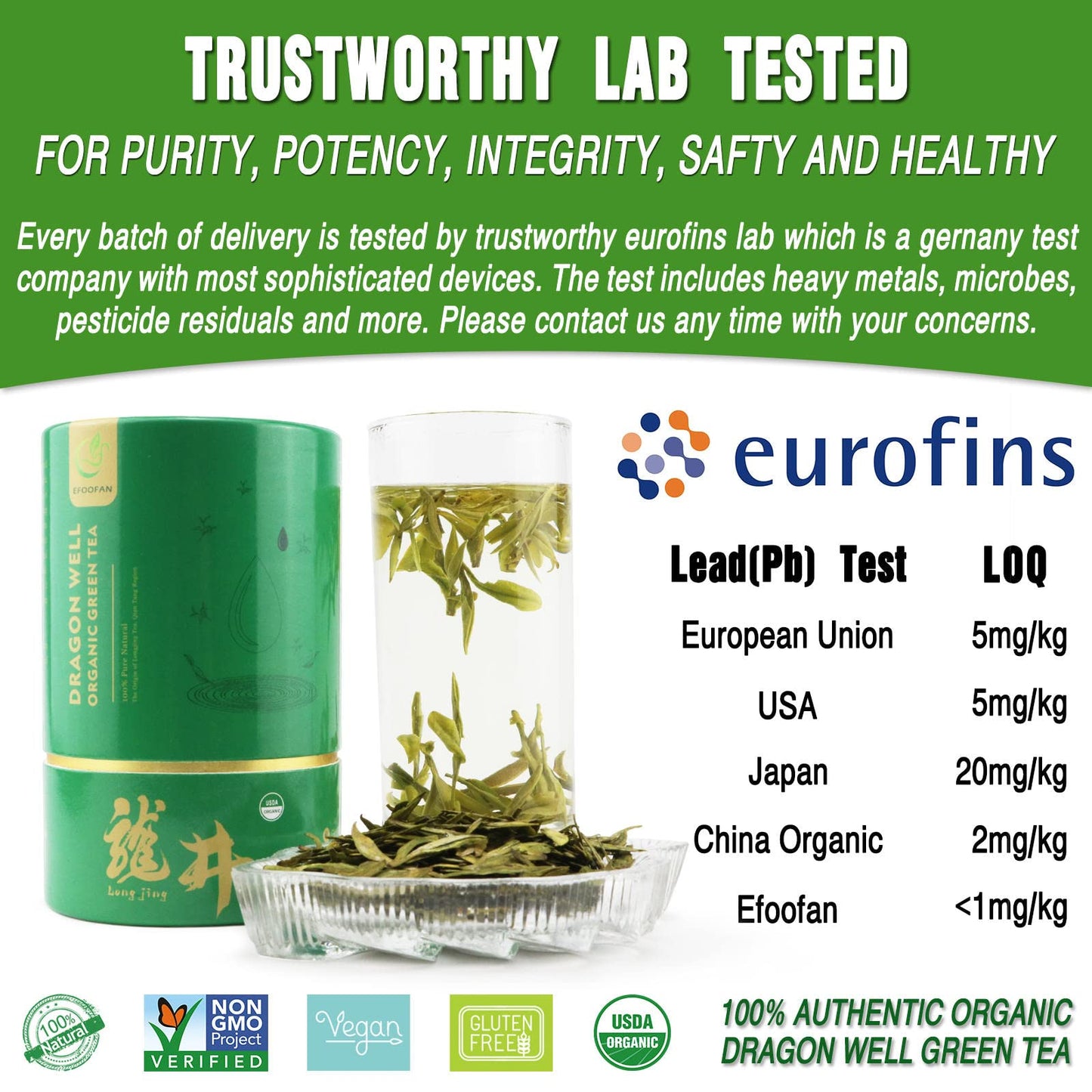 Efoofan Usda Certified Organic Longjing Green Tea Loose Leaf, 3Oz, Buds Leaves Hand-Picked, Authentic Chinese Dragonwell Tea Ori
