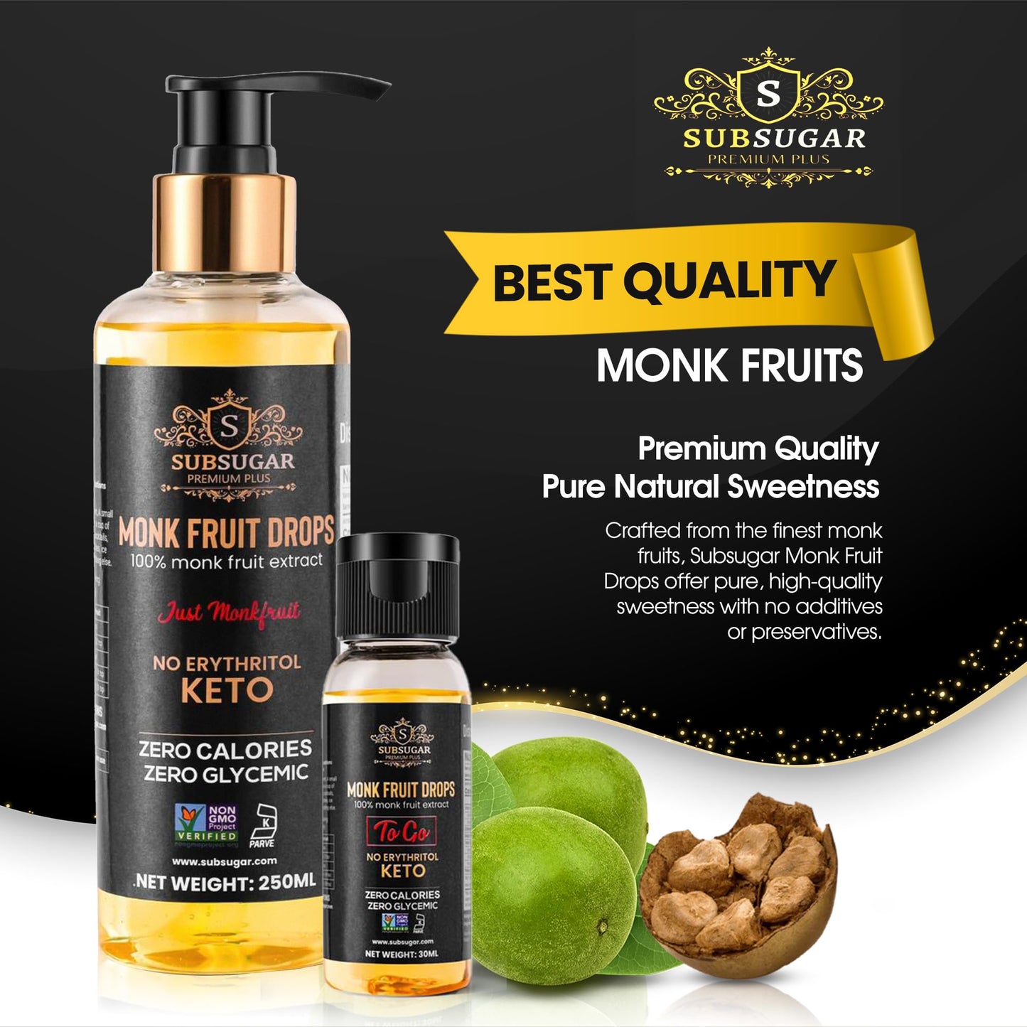 SUBSUGAR Monk Fruit Sweetener Liquid Drops, 100% Pure, 250ml, No Erythritol, Pump Dispenser