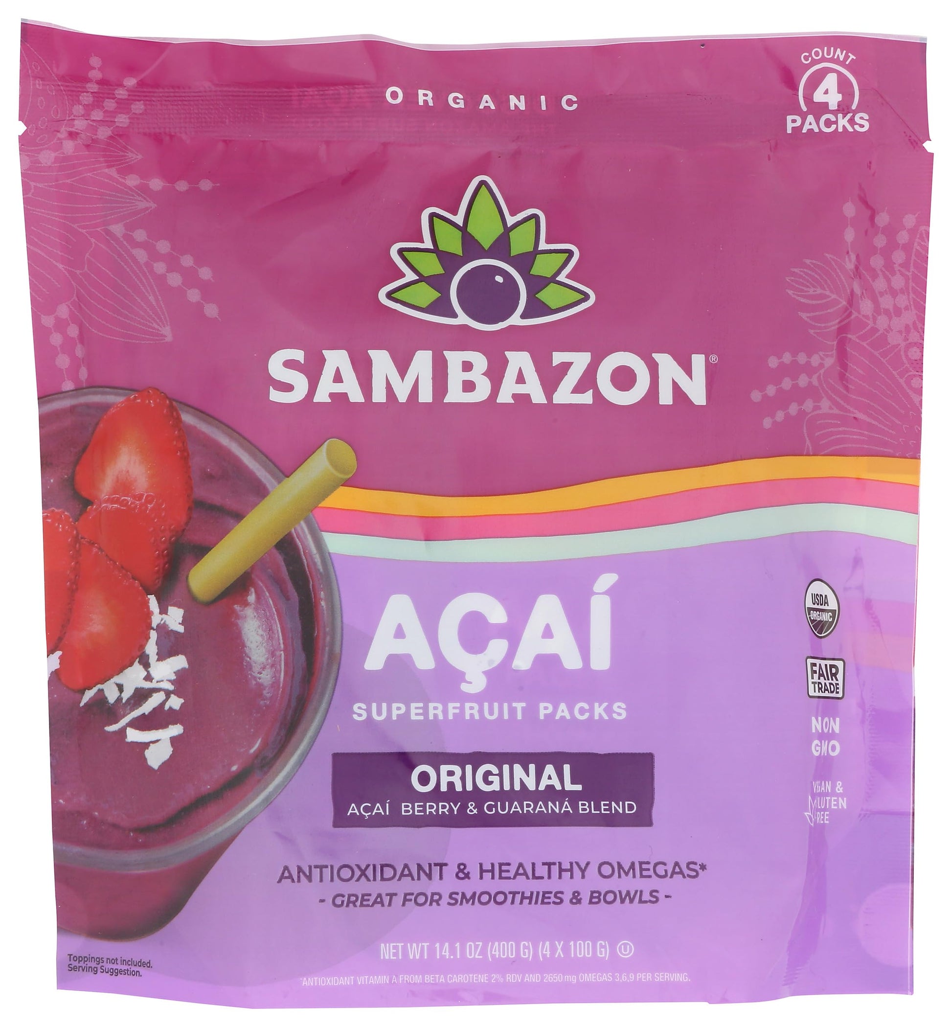 Sambazon Acai Berry and Guarana Smoothie Superfruit Pack, 14.1 Ounce, 4 Count