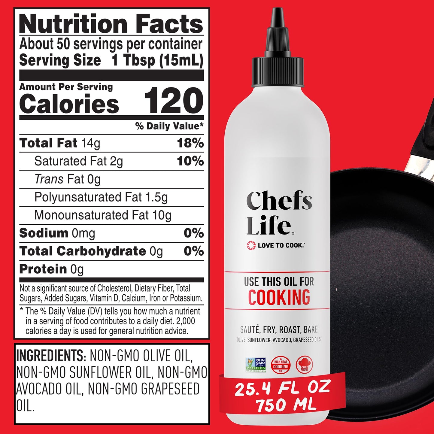 Chefs Life Cooking Oil - Gourmet Blend of Olive, Avocado, Sunflower & G seed Oil, Non-GMO, 25.4 Fl Oz Squeezable Bottle