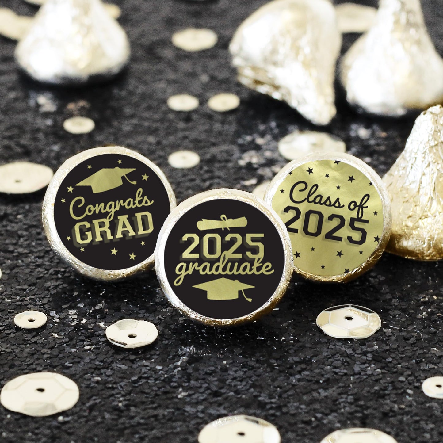 Black And Gold Graduation Party Stickers For Kisses Candy, Chocolate Drops, 2025 Grad Party Favors - 180 Count