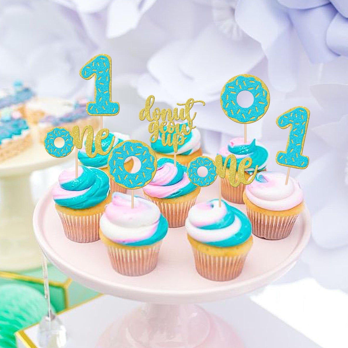 24 Pcs Donut 1St Birthday Cupcake Toppers Glitter Donut Grow Up One Cupcake Picks Donut First Birthday Party Decoration For Donu