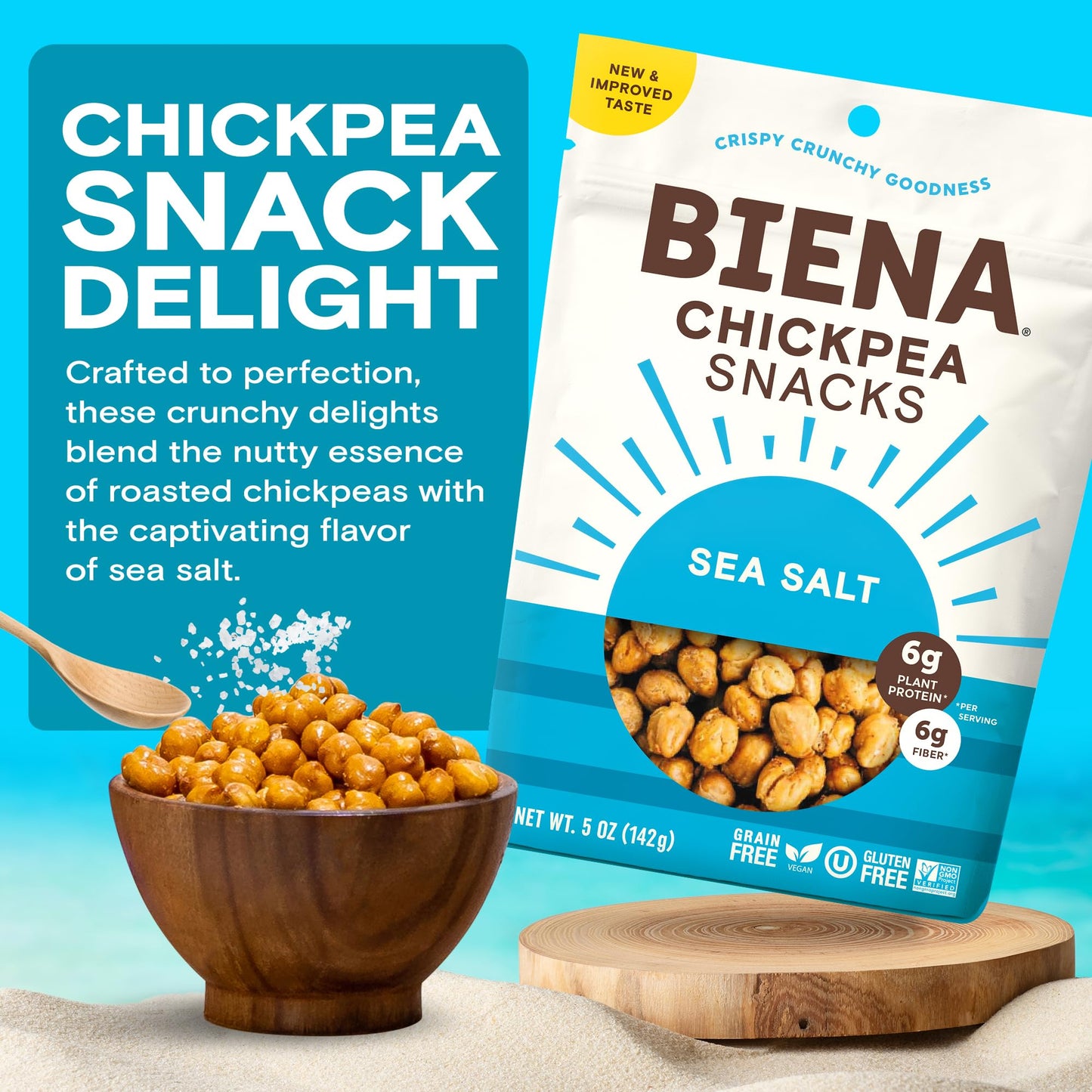 BIENA Chickpea Snacks - Crunchy Roasted Chickpeas - High Fiber Vegan Protein - 8-Pack, 5 Ounce Bags, Sea Salt