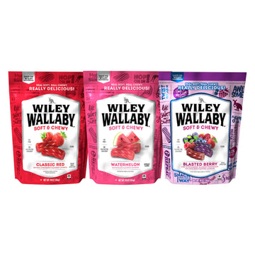 Wiley Wallaby Licorice 10 Ounce Classic Red, Watermelon, & Blasted Berry Gourmet Australian Style Soft & Chewy Licorice Candy Va
