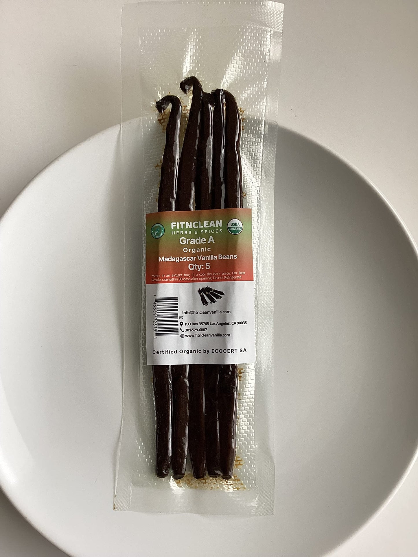 FITNCLEAN VANILLA 5 Madagascar Vanilla Beans Grade A, 6-7.5 Whole Pods, Non-GMO, Ideal for Extract, Paste, Cooking, and Baking