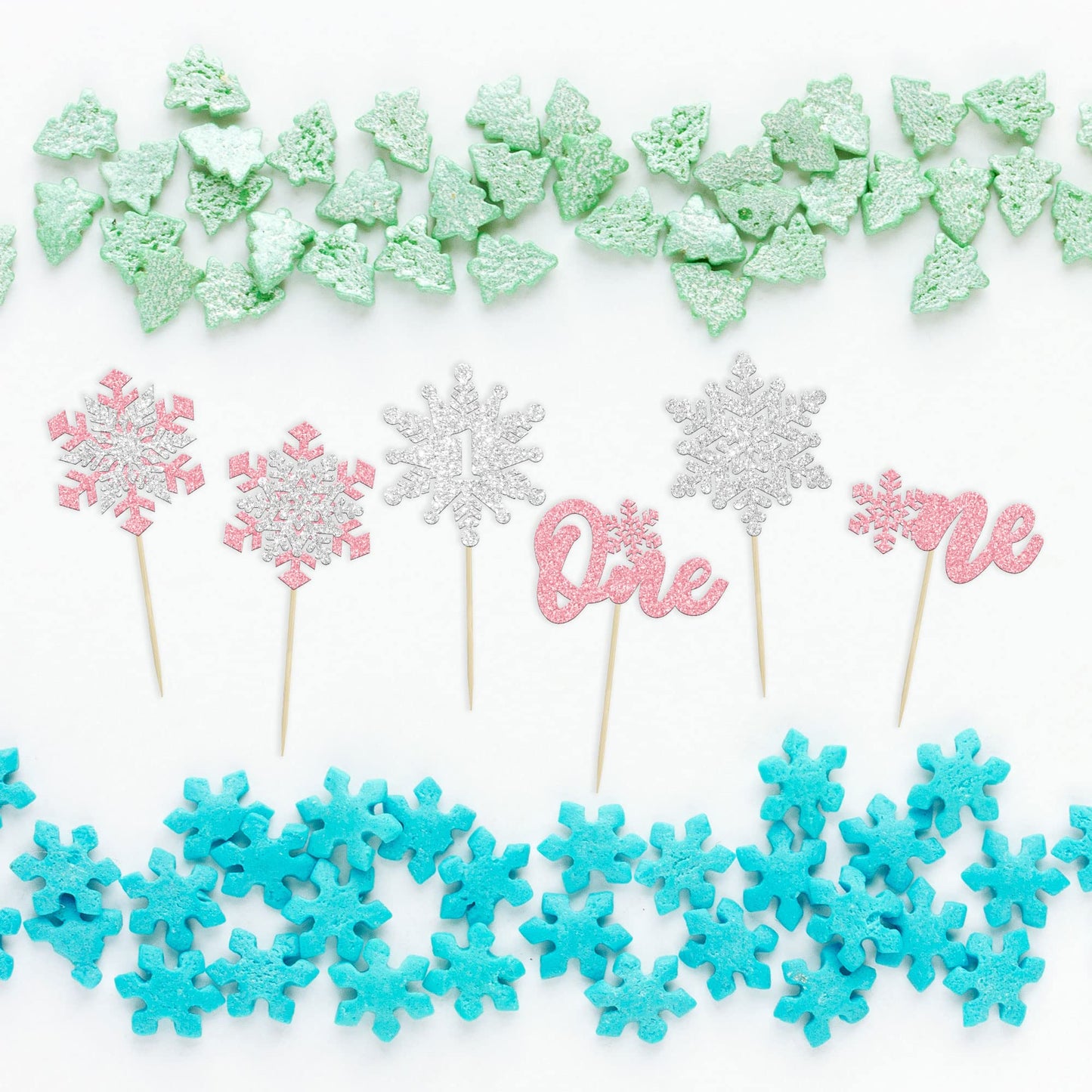 Gyufise 24Pcs Double Layer Snowflake One Cupcake Toppers Pink Glitter Winter First Birthday Decorations For Winter Onederland 1S