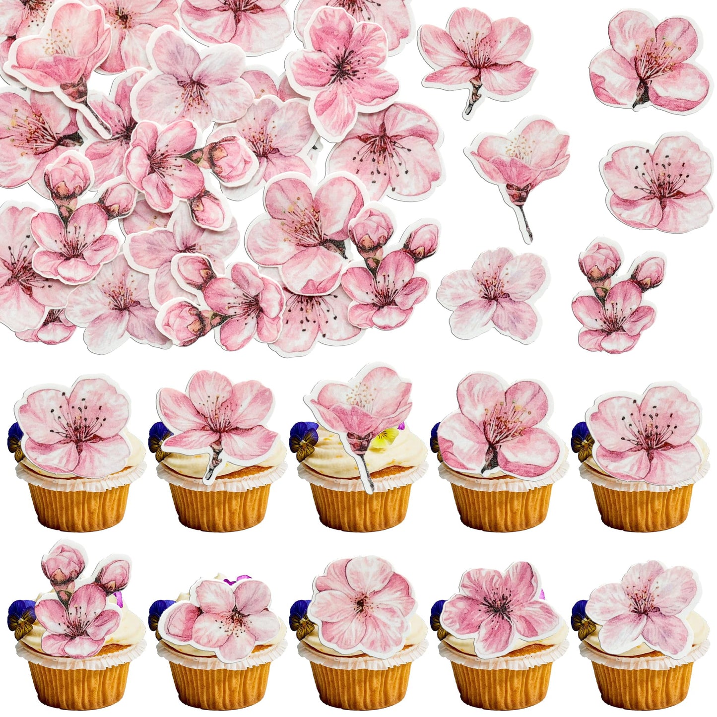 Ephlyn 50Pcs Edible Flowers Cake Topper Cupcake Toppers Wedding Themed Party Baby Shower Birthday Party Cupcake Picks Anniversar