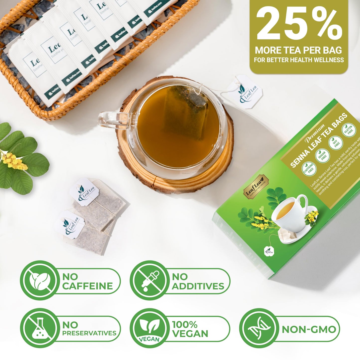 LeafLea Senna Tea Bags - Herbal Laxative Tea, Caffeine-Free, Sugar-Free, Vegan - 40 Bags (Pack of 1)