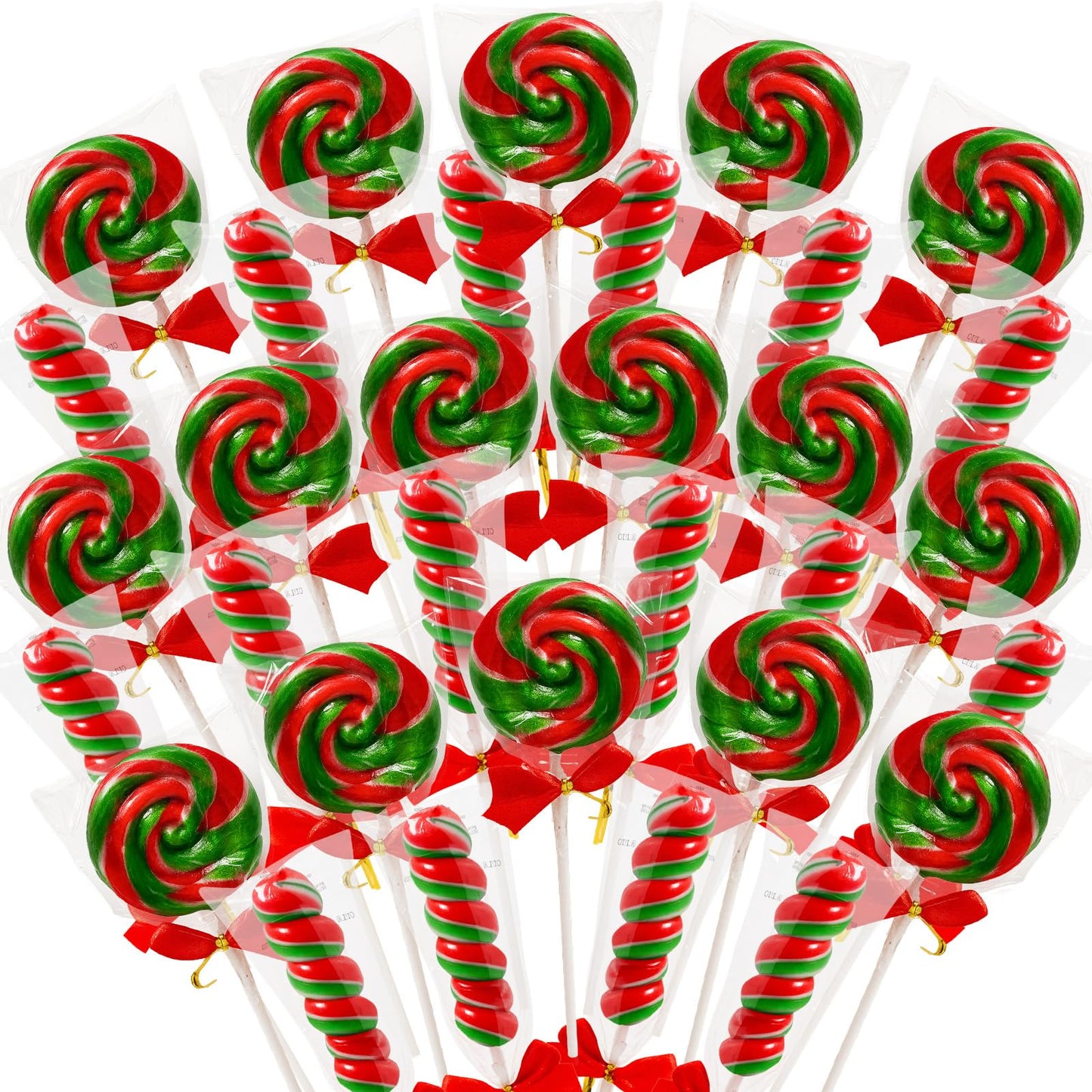 Christmas-Themed Red And Green Lollipops With A Festive Red Bow 32 Pack,16 + 16 Twisty & Swirl Candy Lollipops Suckers Individually Wrapped Bulk, Lollipop Candy Gifts For Christmas Stocking Stuffer