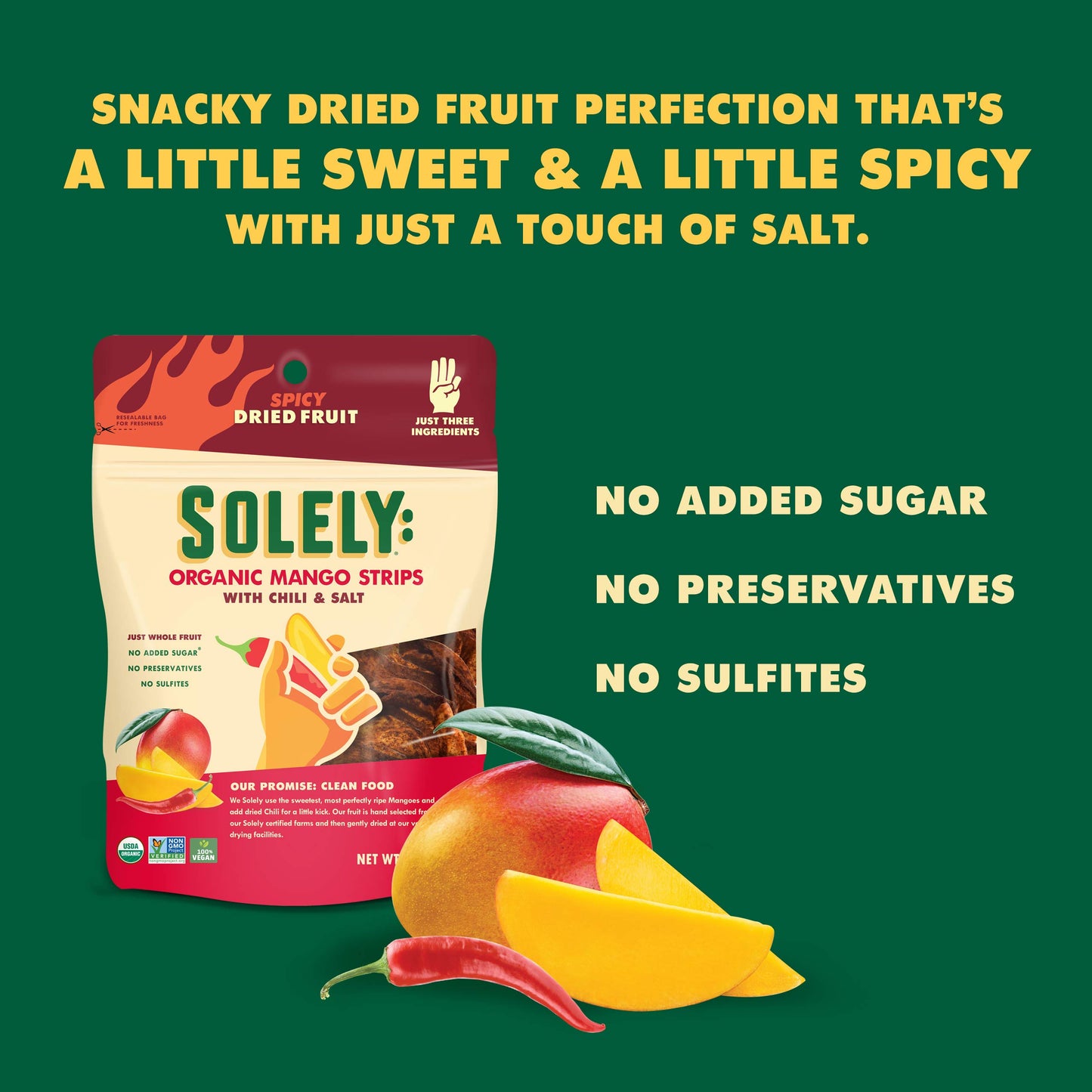 Solely - Organic Dried Mango Strips With Chili And Salt (2.8 Oz Resealable Bags, Pack Of 8) Real Fresh Fruit - Healthy Snacks Fo