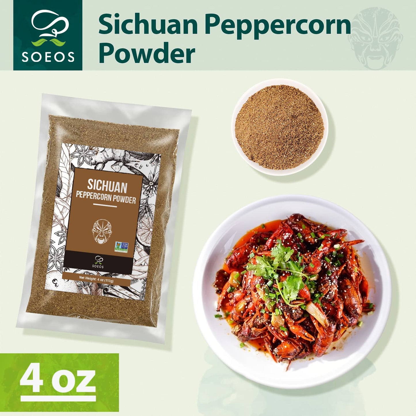 Soeos Sichuan Peppercorn Powders, 4Oz (113G), Szechuan Peppercorn Powders, Crushed Green Sichuan Peppercorns Powder, Ground Pepper Powders