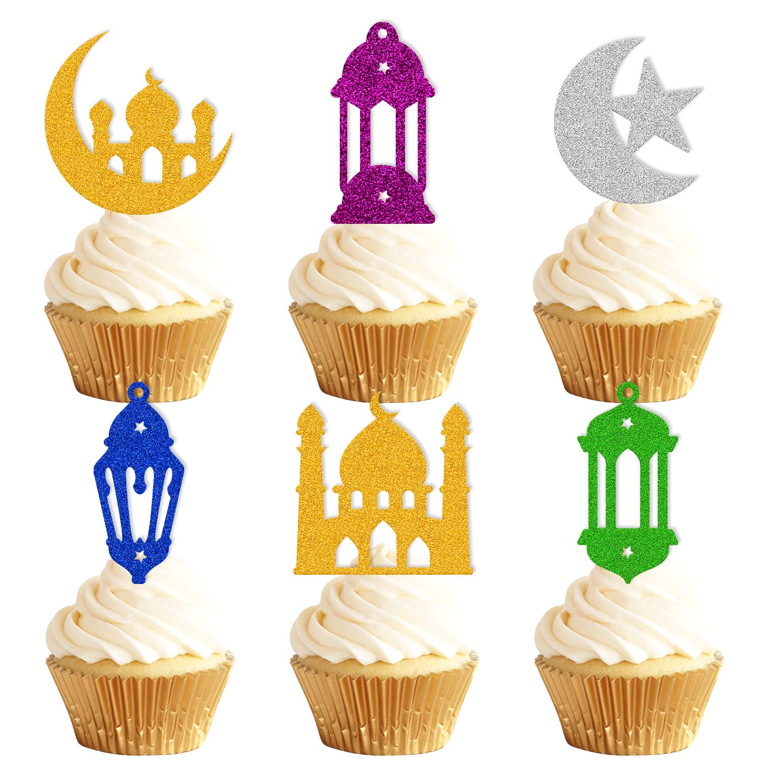 36 PCS Eid Mubarak Cupcake Topper Star Moon Lantern Castle Theme Supplies for Muslim Islamic Eid Mubarak Festival Celebration Pa