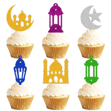 36 PCS Eid Mubarak Cupcake Topper Star Moon Lantern Castle Theme Supplies for Muslim Islamic Eid Mubarak Festival Celebration Pa