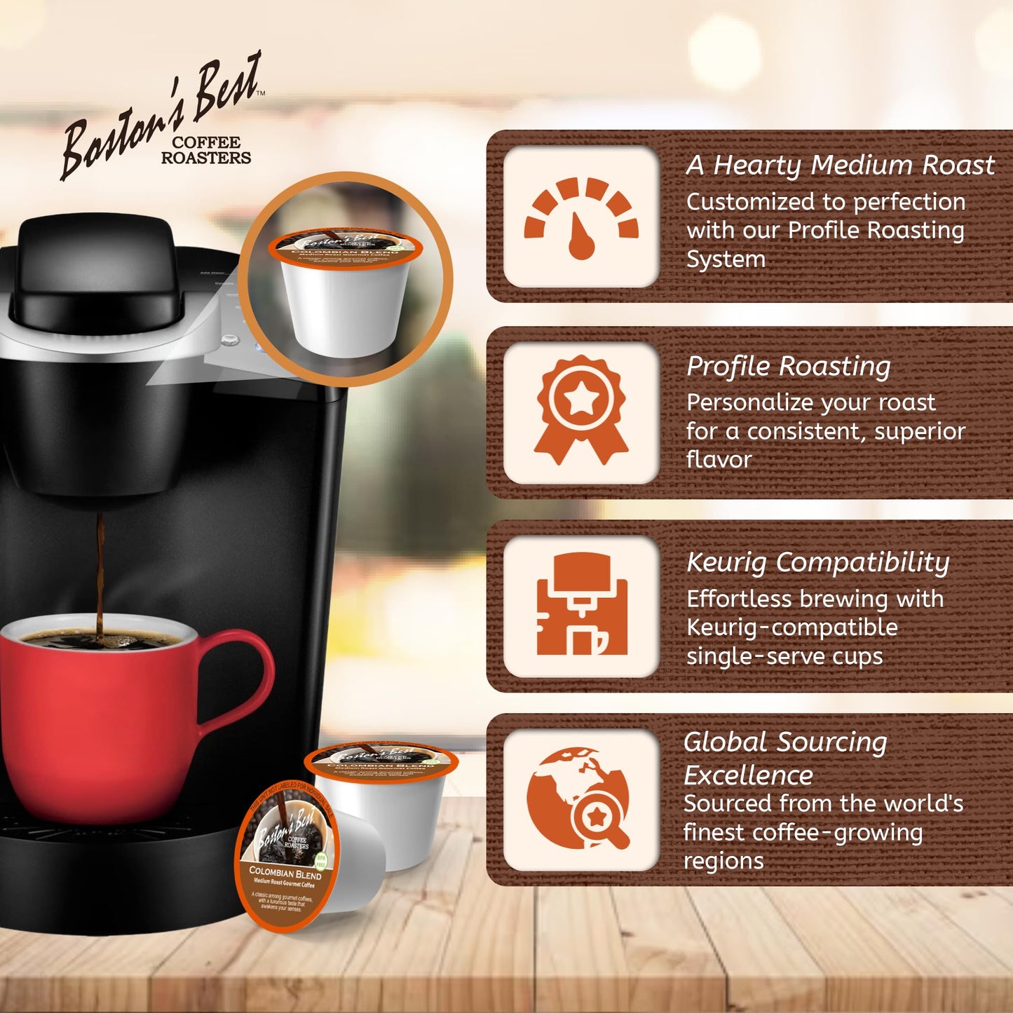Bostons Best Colombian Blend Medium Roast Coffee, Compatible with Keurig, 12 Single Serve Cups