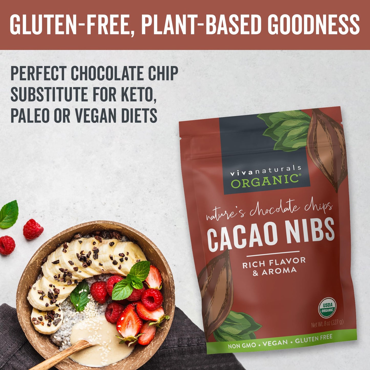 Viva Naturals Organic Cacao Nibs, 8 Oz (227 G) - Keto Friendly And Vegan, Unsweetened Chocolate Chip Substitute, Perfect For Glu