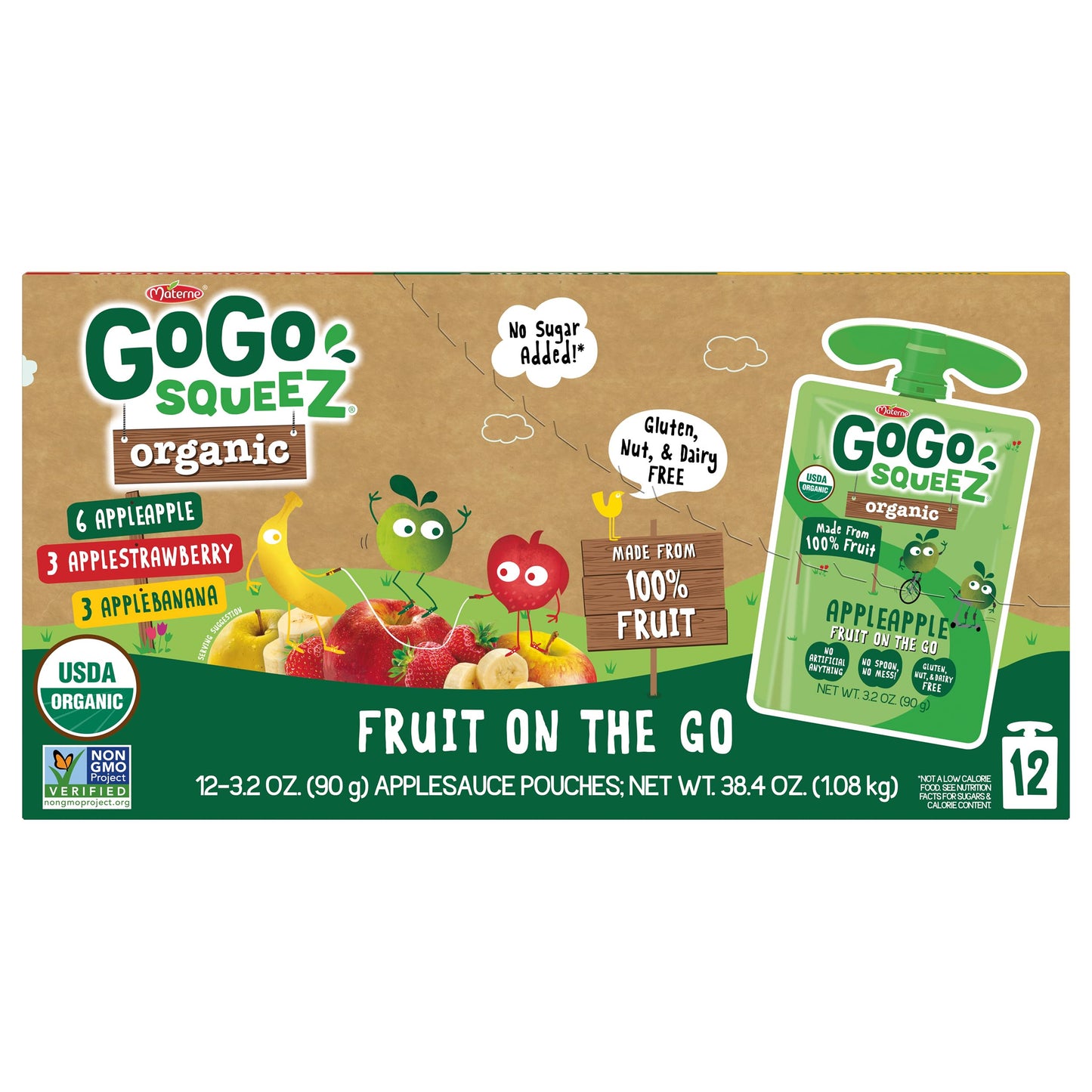 GoGo squeeZ Organic Applesauce and Fruit Puree  Variety Pack  Apple  Strawberry & Banana  3.2 oz (Pack of 12)  Unsweetened Organic Fruit Snacks for Kids  No Gluten  Nut & Dairy  BPA Free Pouches