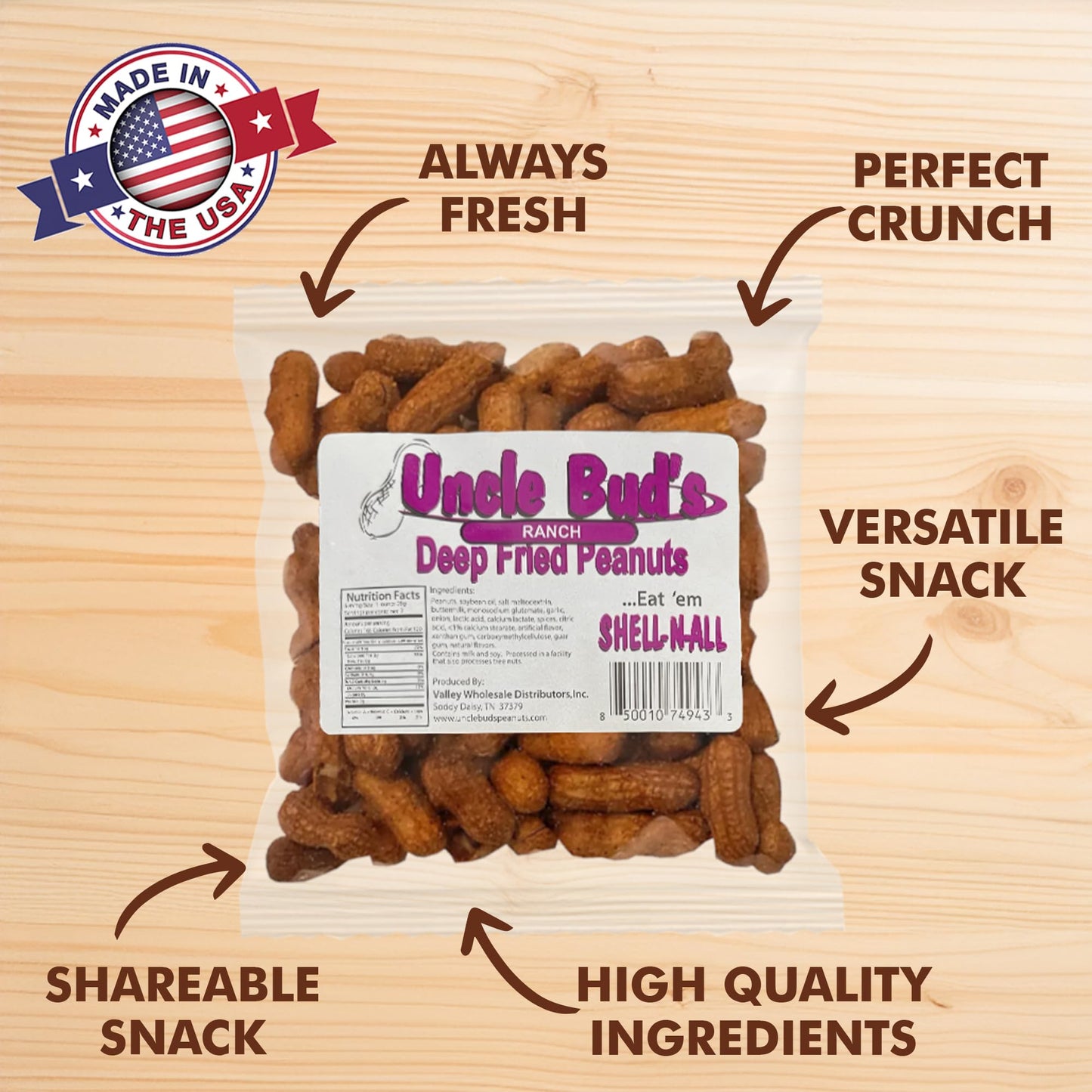 Uncle Bud's Ranch Deep Fried Peanuts (4-Pack) | Premium Crunchy Snack | Salted High-Protein Treats | USA Made