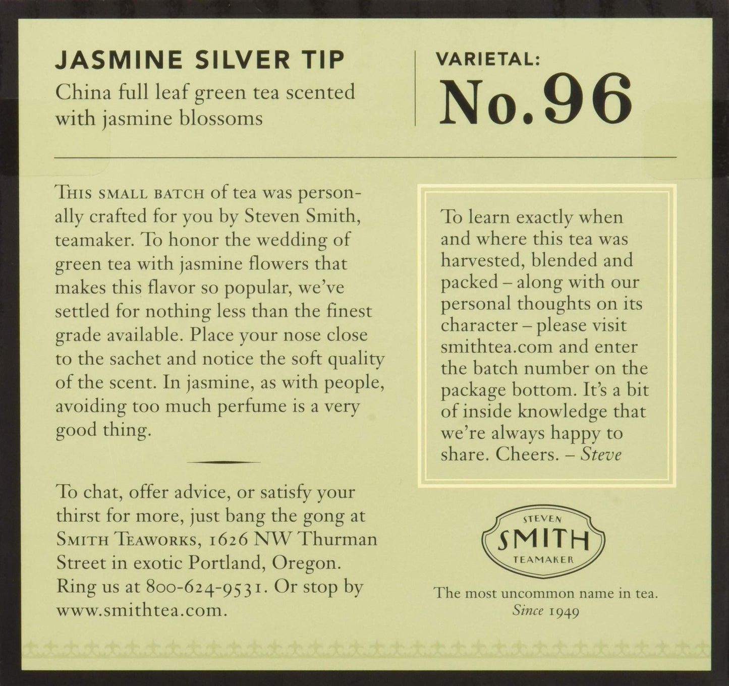 Smith Teamaker Jasmine Silver Tip Green Tea (Pack Of 6 - 15 Bag Each)