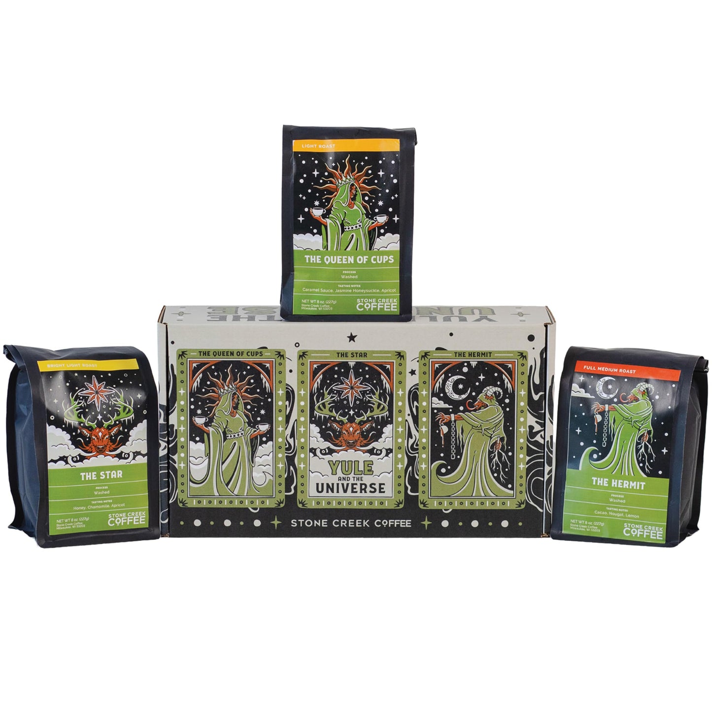 Stone Creek Coffee Yule And The Universe Box Medium And Light Roast (8 Oz, Pack Of 3) – Whole Bean Coffee Sampler Holiday Limited-Edition Gift Set, Uplifting And Deep Roasted Coffee Beans