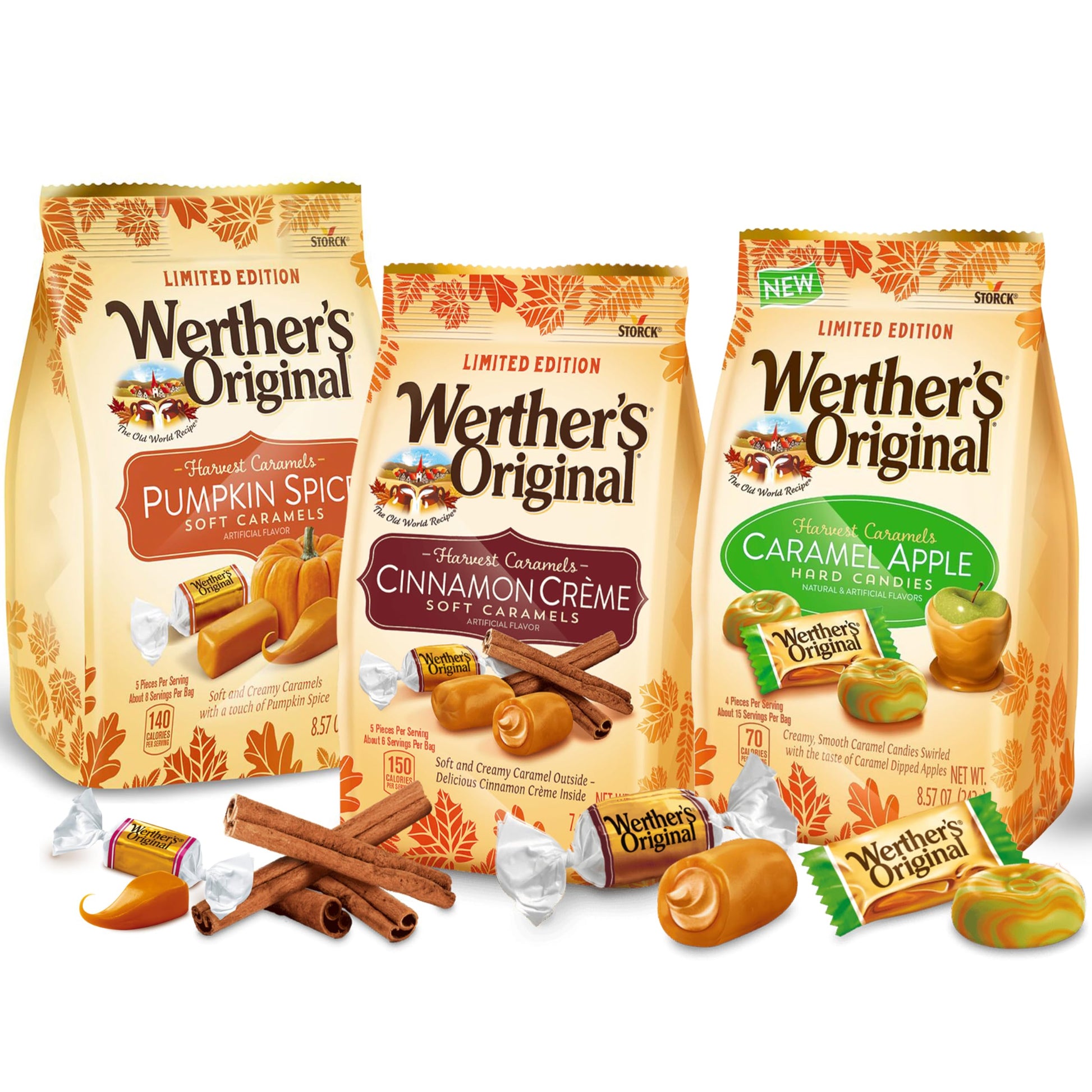 Werthersoriginal Harvest Caramel Candy Variety Pack - 3 Pack Limited Edition Caramels Pumpkin Spice, Caramel Apple Hard Candy, & Cinnamon Creme Soft Halloween Candy