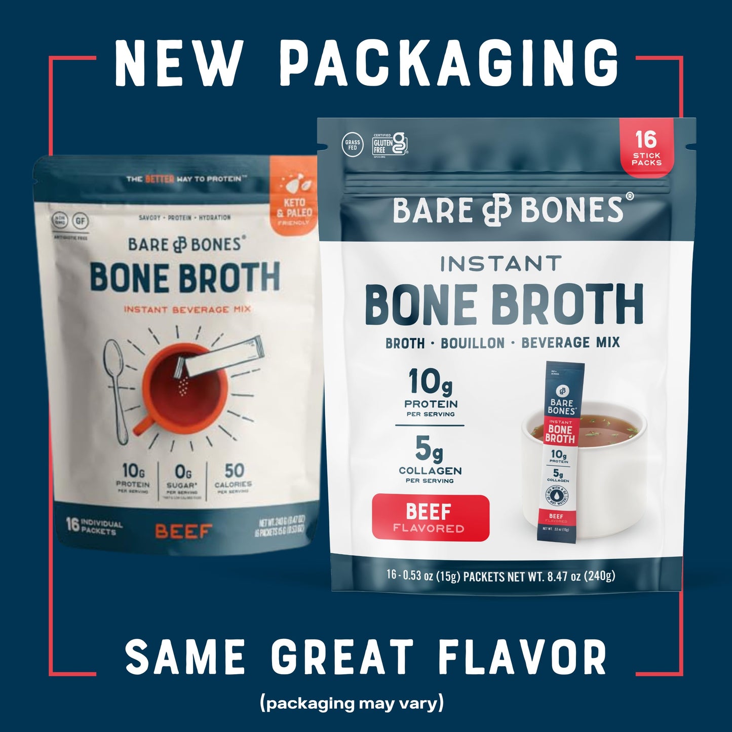 Bare Bones Beef Bone Broth Instant Powdered Mix, 32 Pack, 100% Grass Fed, Keto & Paleo Friendly, 10g Protein, No Artificial Flavors