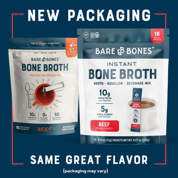 Bare Bones Beef Bone Broth Instant Powdered Mix, 32 Pack, 100% Grass Fed, Keto & Paleo Friendly, 10g Protein, No Artificial Flavors