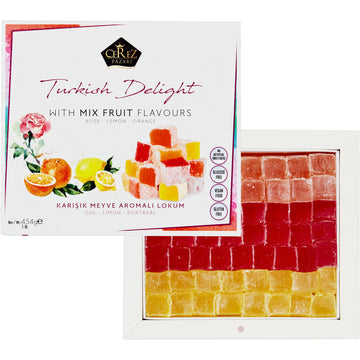 Cerez Pazari Turkish Delight With Rose, Orange And Lemon Mix Flavours 16 Oz Gourmet Medium Size Snacks Gift Box, No Nuts Sweet T