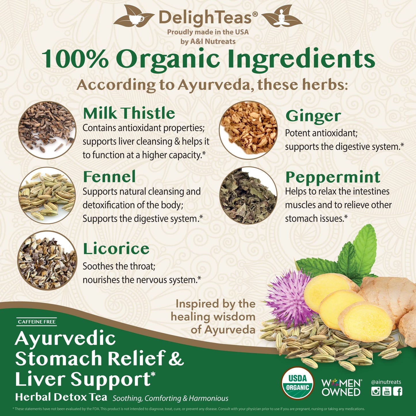 DelighTeas Stomach & Liver Tea - Ayurvedic Herbal Blend, 5oz Loose Leaf, Vegan, Caffeine-Free, Sugar-Free