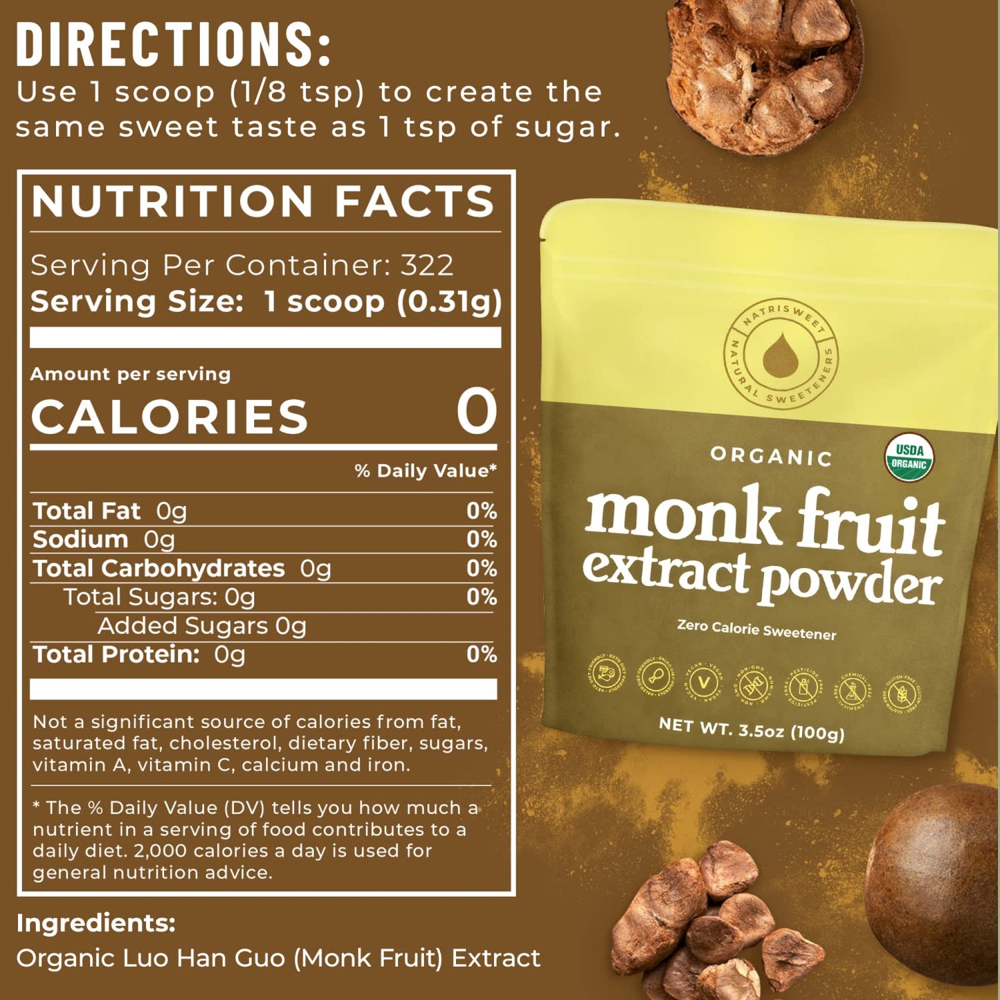Natrisweet Organic Monk Fruit Extract, 3.5 Oz, Pure Monk Fruit Sweetener Organic With No Erythritol, No Fillers, Zero Calories,