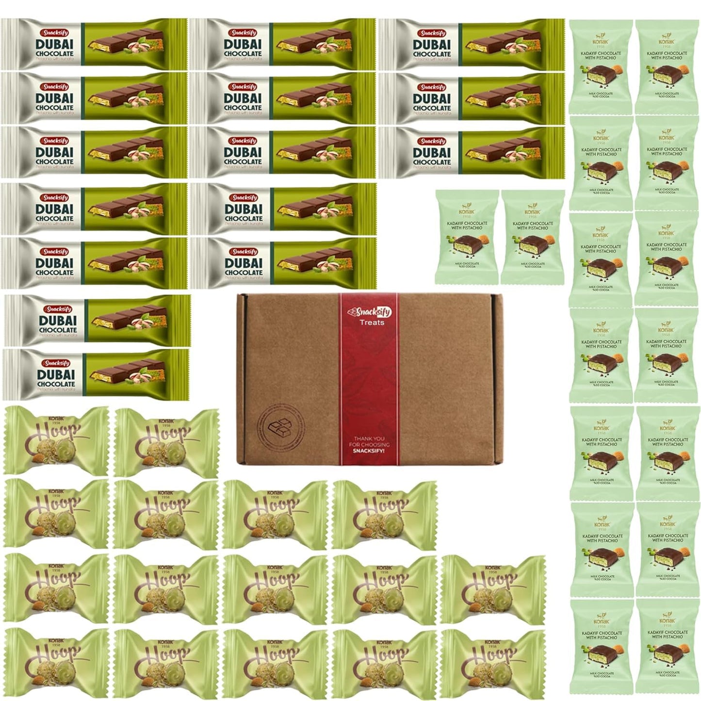 50 Count | Mini Dubai Chocolate & Candy - 15 Mini Dubai Bar 27 G And 16 Dubai Candy 13 G - 19 Dubai Pistachio Ball - Amazing Gift Box
