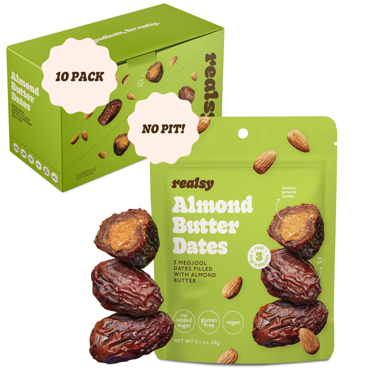 Realsy Almond Butter Filled Medjool Dates, Organic, Gluten-Free, Vegan, 10-Pack